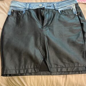 Guess Black Faux Leather Mini Skirt with Denim Waistband New